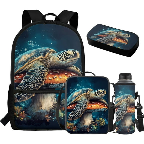Yuyamidu Sea Turtle Girls Backpack and Lunch Bag Set Mushroom Book Bag for Kids Lunch Handbag High School Bags for Girls Boys Bookbag with Lunch Box Pencil Case Water Bottle Bag, 4 in 1