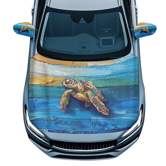 Yuyamidu Sea Turtle Hood Cover for Cars Sedans Blue Board Auto Side View Mirror Covers Elastic Car Front Hood Cover Protector with Side Mirror Covers Set of 3 Automobile Decor