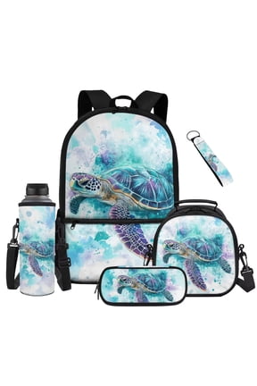 Sea Turtle Kids Backpack with Lunch Box, Pencil Case, Water Bottle Pouch & Keychain, 17 inch Lightweight Bookbag for Elementary 3rd-6th Grade Girls Ages 8-12, Back to School Supplies