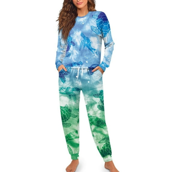 Yuyamidu Sea Turtle Pajama for Women 2 Pieces Blue Green Pajamas Tee and Pant 2 Piece Pj Set Casual Long Sleeve Sleepwear with Pockets Stylish Round Neck Homewear Size L