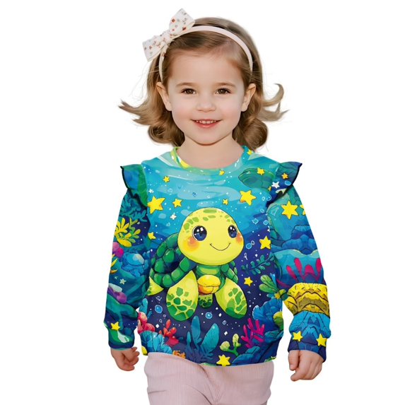 Yuyamidu Sea Turtle Sweatshirt Toddler Girl 3T 4T Long Sleeve Ruffle Shoulder Crewneck Pullover Tops Y2K Cute Animal Graphic Sweatshirts Casual Fall Outfits Everyday Clothes