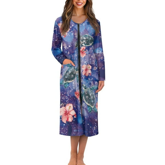 Yuyamidu Sea Turtle Women's Bathrobe Zipper Front Bath Robes Hibiscus Long Sleeve Robe Size 4XL Soft Crewneck Night Gowns for Women Mid-Length Dressing Gown with Pockets