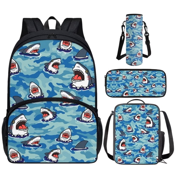 Yuyamidu Shark Backpack for School Boys with Lunch Bag 4th Grade Blue Camo Book Bag for Girls 6-8 Kids Bookbag and Lunch Tote Pencil Case Water Bottle Bag Primary School Bags Set of 4