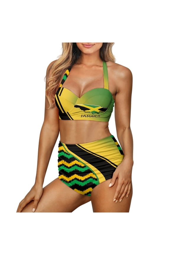Skin-Friendly Women Tankini Swimsuits 2 Piece Self-Cultivation Ruched Tie Knot Bikini Set Size 2XL Jamaican Flag Bathing Suit Tummy Control Swimming Suits