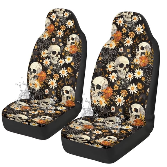 Yuyamidu Skull Auto Seat Covers, Fall Daisy Front Seat Covers Full Set, Car Accessories for Interior Decor, Universal Fit Most Cars Women Men