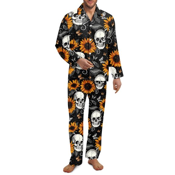 Yuyamidu Skull Button Up Pajamas for Men Size XL Sunflower Long Sleeve Night Clothes Butterfly Notch Collar Sleep Set 2 Packs Men's Pjs Loungewear for Fall Winter Spring