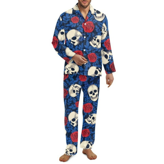 Yuyamidu Skull Button Up Pajama Set Red Rose Men's Long Sleeve Pjs Sweatshirt & Sweatpants with Pockets 2 Piece Longewear Size 2XL Casual Sleepwear, Blue