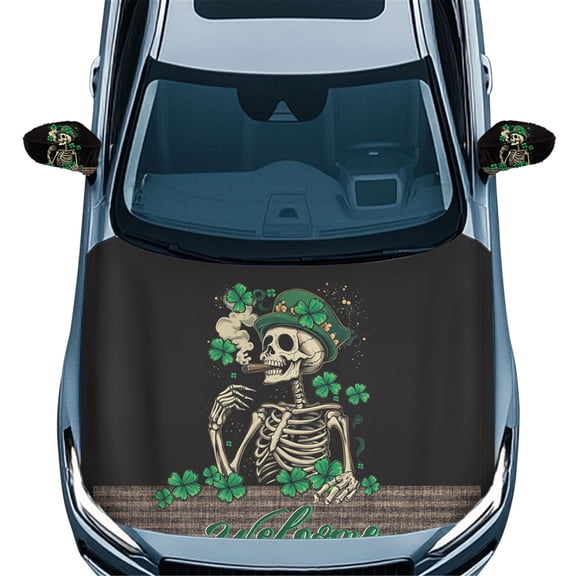 Yuyamidu Skull Car Hood Cover and Auto Side View Mirror Cover Set of 3 Green Leaf Vehicle Bonnet Banner for Car Sedan Universal Mirrors Protector St. Patrick's Day Car Decor Accessories