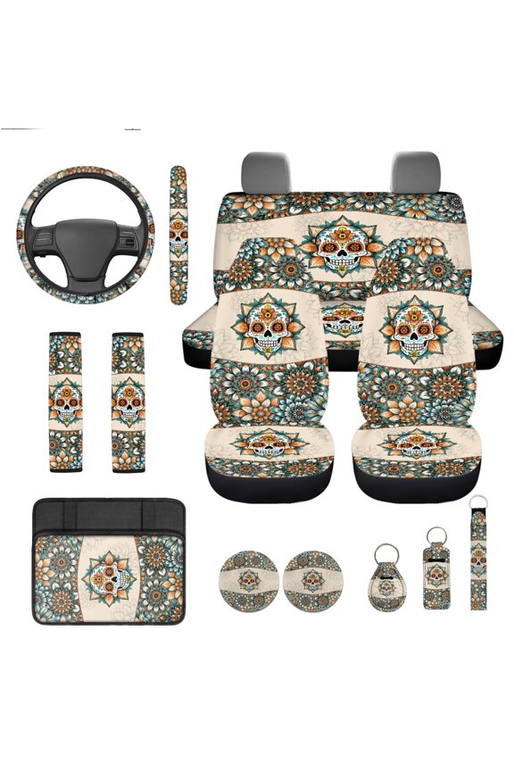 Skull Car Seat Cover Full Set of 13 Dahlia Steering Wheel Cover Seatbelt Pad Armrest Cover Cushion Coasters Lip Gloss Holder Key Chain Automobile Interior Sets