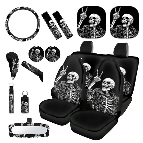 Yuyamidu Skull Car Seat Cover Full Set of 16 Cool Steering Wheel Cover Auto Seatbelt Pads Handbrake Cover Set Car Sun Shade Cup Coasters Rear View Mirror Cover Keychain, Black