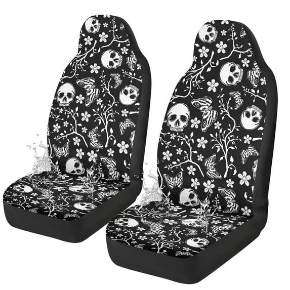 Yuyamidu Skull Car Seat Cover Full Set Flowers Auto Front Seat Covers Waterproof Soft Vehicle Bucket Seat Pad Black Car Interior Accessories, Fit Most Vehicle, Sedan