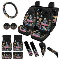 Yuyamidu Skull Car Seat Cover Full Set of 15 Red Mushroom Car Floor Mats Steering Wheel Cover Seat Belt Covers Cup Coasters Handbrake Cover Set