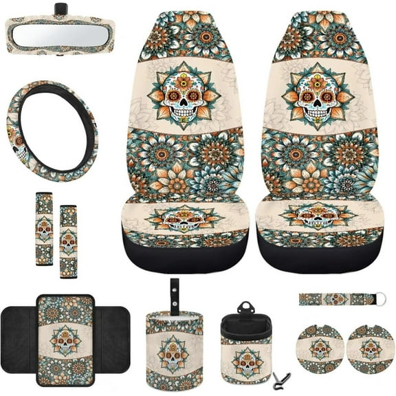 Yuyamidu Skull Car Seat Cover Set with Steering Wheel Cover Seat Belt Pad Dahlia Armrest Cover Garbage Can Boho Air Vent Pouch Rearview Mirror Cover Coasters Keychain, 12 Pack