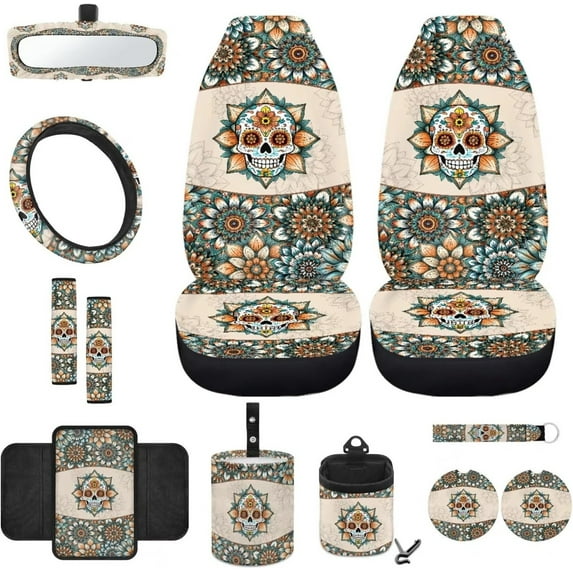 Yuyamidu Skull Car Seat Cover Set with Steering Wheel Cover Seat Belt Pad Dahlia Armrest Cover Garbage Can Boho Air Vent Pouch Rearview Mirror Cover Coasters Keychain, 12 Pack
