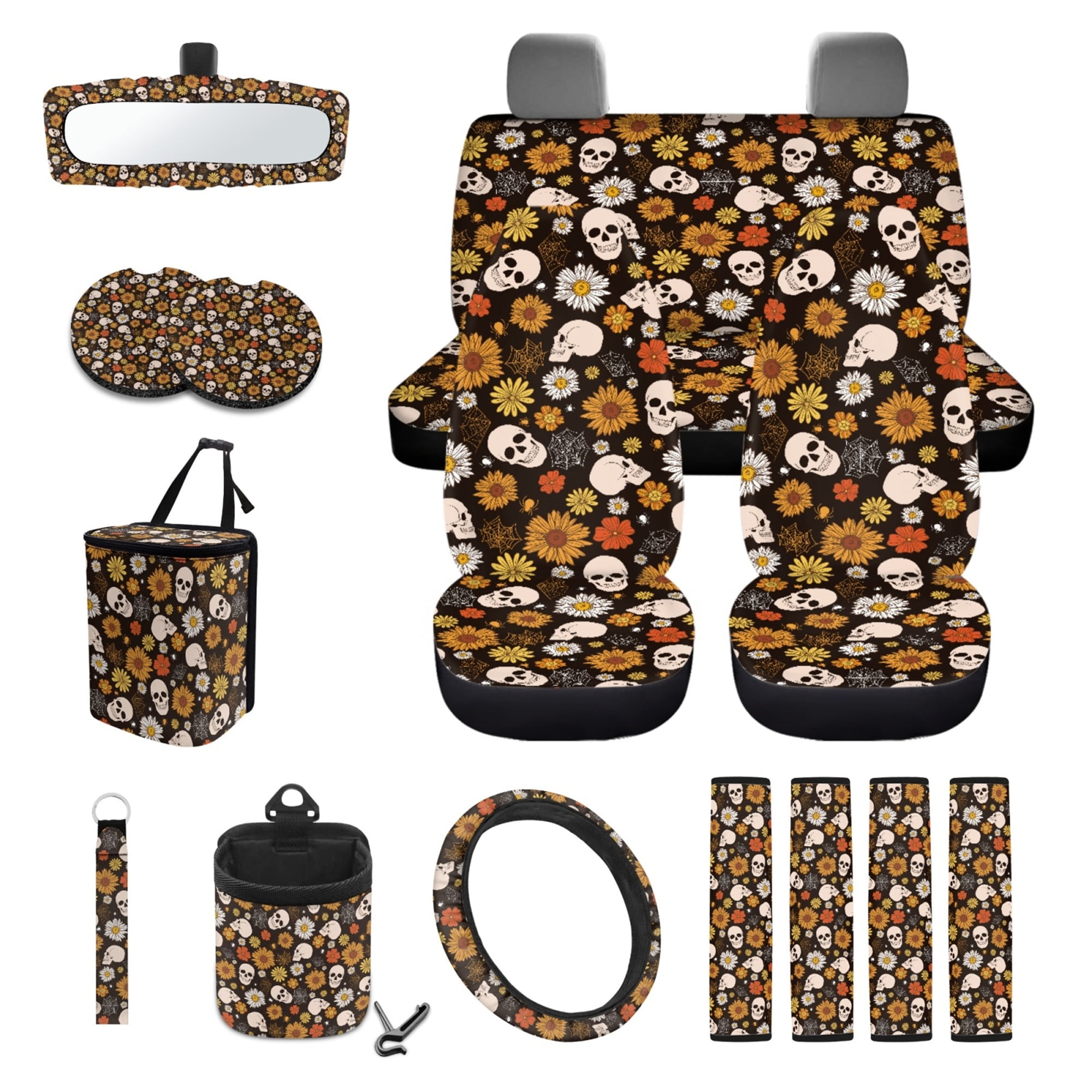 Yuyamidu Skull Car Seat Covers Full Set Daisy Auto Steering Wheel Cover Sunflower Seat Belt Pads Coasters Trash Bin Hanging Storage Bag Cup Holders Rearview Mirror Cover Key Ring 15 PCS