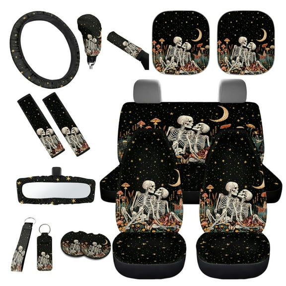 Yuyamidu Skull Car Seat Covers Set of 16 Mushroom Steering Wheel Cover Seat Belt Covers Pads Rear View Mirror Cover Car Coasters Keychain Sunshade Handbrake Cover Gear Shift Knob Cover