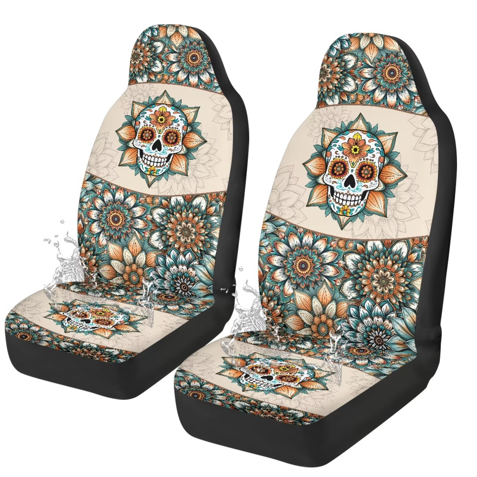 Yuyamidu Skull Car Seat Covers Set of for 2 Front Seats, Boho Mandala Flower Auto Accessories Decor Universal Fit for Car Truck SUV