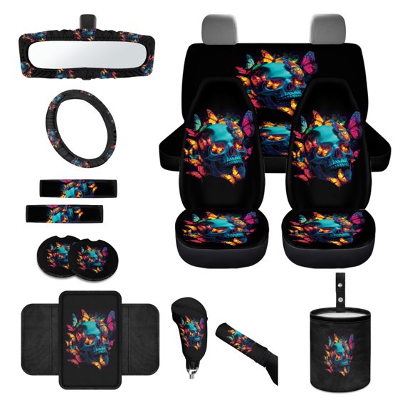 Yuyamidu Skull Front Back Car Seat Covers Full Set of 14 Butterfly Steering Wheel Cover Center Console Cover Seat Belt Cover Gear Shift Knob Cover Handbrake Cover Coasters Auto Accessories