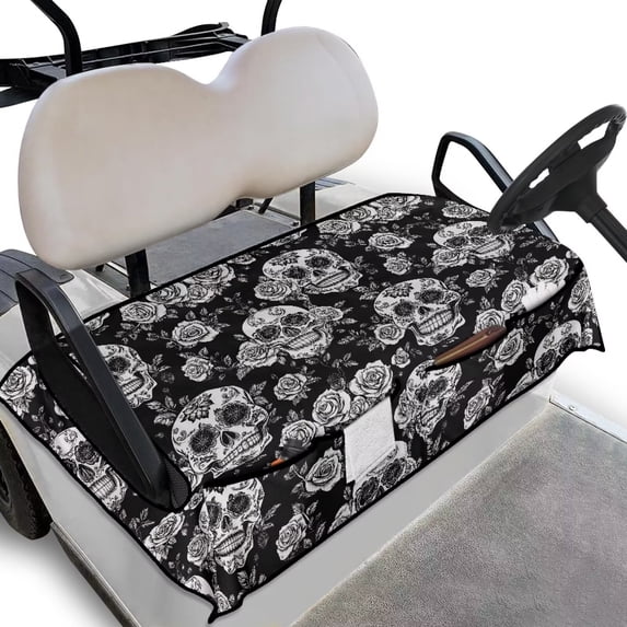 Yuyamidu Skull Golf Cart Seat Covers Rose Club Car Seat Towel Blanket with Pockets, Fits Club Car More 2 Person Seats Golf Carts, Black