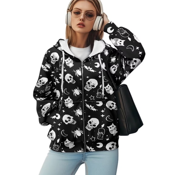 Yuyamidu Skull Hoodies for Women Zip Up Hoodie Oversized Sweatshirt for Women Apparel Black Zip Up Women's Jackets Hooded Top Black Heavyweight Hoodie 4XL