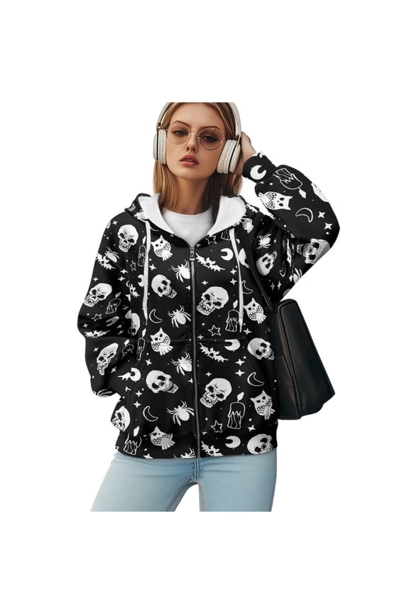 Skull Hoodies for Women Zip Up Hoodie Oversized Sweatshirt for Women Apparel Black Zip Up Women's Jackets Hooded Top Black Heavyweight Hoodie 4XL