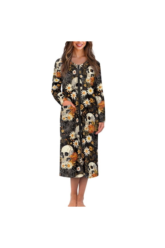 Skull Long Sleeve Bathrobes Ladies Lightweight Full Zip Robes Daisy Long Sleeve Bathrobe Breathable Crew Neck Mid-Length Spa Robe Loose Long Housecoat Size 4XL