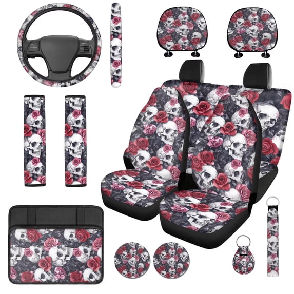 Yuyamidu Skull Rose 14 Pack Car Seat Covers Full Set with Steering Wheel Cover Arm Rest Cover Car Head Rest Protector Auto Seat Belt Cover Easy to Install Universal Fit for Vehicles,Cars,Suvs