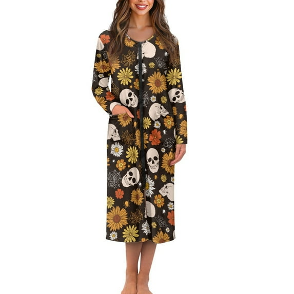 Yuyamidu Skull Zipper Front Robes Women House Coat Long Sleeve Bathrobe Sunflower Mid-Calf Length Crewneck House Robe Women's Long Sleeve Nightgown Pjs Size 3XL