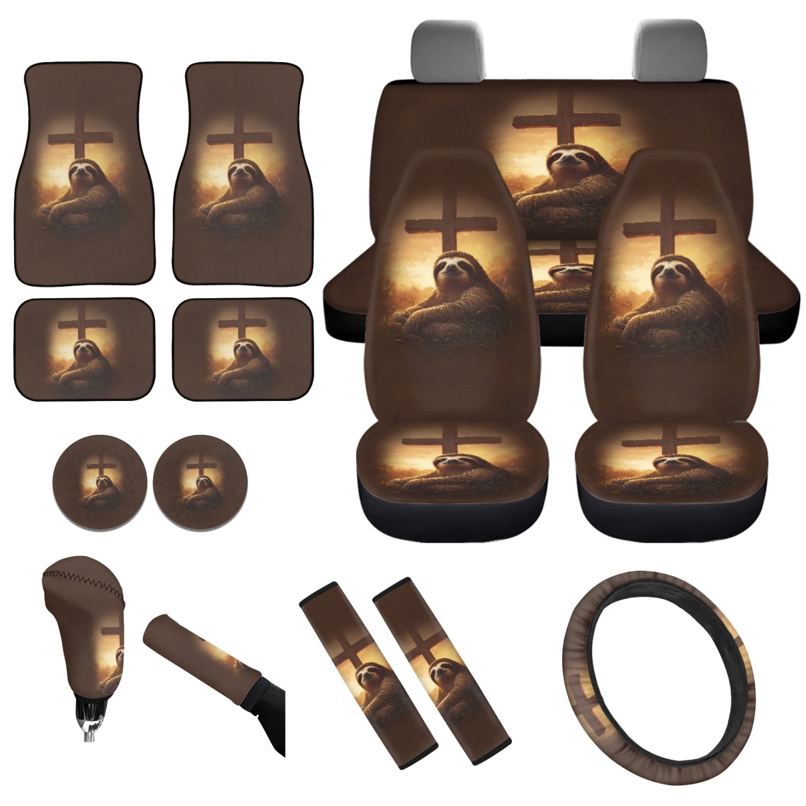 Yuyamidu Sloth Car Seat Covers Full Set of 15 Cross Car Floor Mats Auto Steering Wheel Cover Seatbelt Covers Handbrake Sets Cup Coasters Brown Auto Accessory Decor