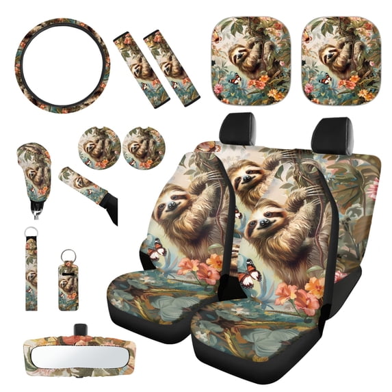 Yuyamidu Sloth Car Seat Covers Full Set Butterfly Auto Steering Wheel Cover Handbrake Cover Gear Shift Knob Cover Seat Belt Pads Car Shade Cup Holders Rearview Mirror Cover Key Ring 16 PCS
