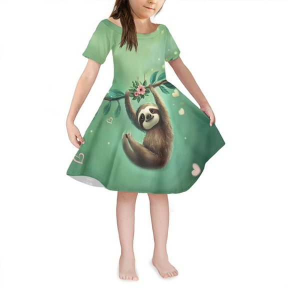 Yuyamidu Sloth Princess Dress Up for Girls 3-4 Years Old Floral Summer Clothing Kids Toddler Twirly Dresses Soft Short Sleeve Jumpskirt Cute Green A Line Dress