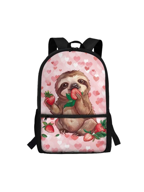 Sloth Strawberry Backpack for School Middle High School Girls Bookbag, Pink School Book Bag Casual Back to School Bags with External Pocket
