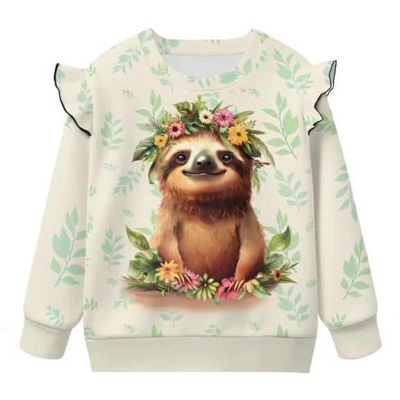 Yuyamidu Sloth Sweatshirt for Toddler Girls 1T 2T Beige Ruffle Long Sleeve Top Y2K Graphic Crewneck Sweatshirts Soft Lightweight Workout Pullover Everyday Clothes
