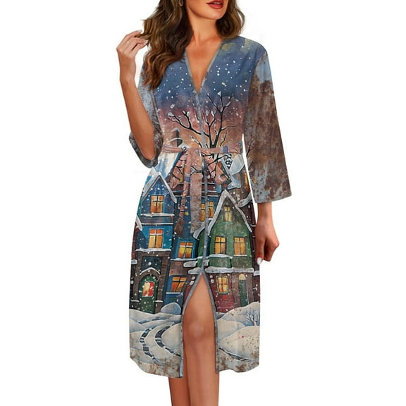 Yuyamidu Snow Long Bathrobe for Women Christmas Robe Sleepwear Comfy V-Neck Spa Robes Size 2XL Casual Mid-Length Kimono Robes Soft Long Sleeves Sleep Dress