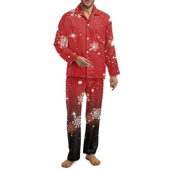 Yuyamidu Snowflake Button Down Pajama for Men Christmas Long Sleeve Nightwear Red Notch Collar Lounge Shirt and Pants Set of 2 Winter Fall Sleepwear Sets Daily Wear Clothes Size S