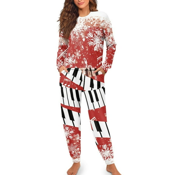 Yuyamidu Snowflake Long Sleeve Pajamas Set for Women Size XL 2 Piece Christmas Pj Sleepwear Top and Pants with Pockets Music Note Nightwear Sports Outfits, Red