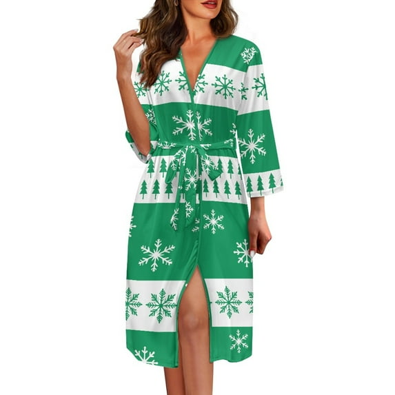 Yuyamidu Snowflake Robe for Women Long Dressing Gown Xmas Tree Mid-Length Robes Size XL Christmas Bathrobe with Waist Belt Green Long Sleeve Housecoat for Sleeping