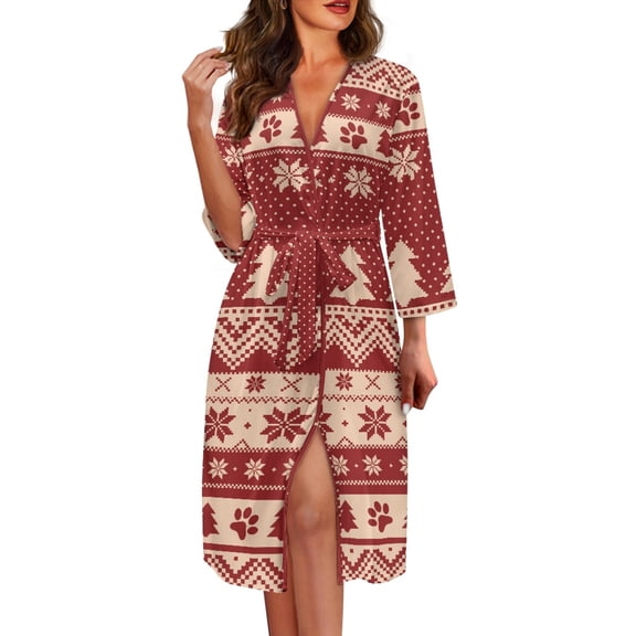 Yuyamidu Snowflake Robe for Women After Shower Xmas Tree Womens Bath Robes Female Spa Bathrobe Christmas V-Neck Nightgowns Dress for Sleep Party Red Longwear Size XL