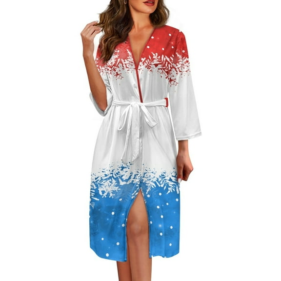 Yuyamidu Snowflake Robes for Women 3/4 Sleeve Nightgowns Christmas Mid-Calf Length Bathrobes Soft Spa Robe Loose Nightgown Casual Lounge Wear Pjs Size L