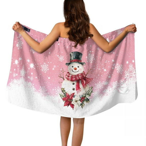 Yuyamidu Snowman Bath Wrap Towels for Women Snowflake Shower Towel Wrap Plus Size M Terry Cloth Towel Wrap with Pocket Christmas Washcloths for Showering, Pink