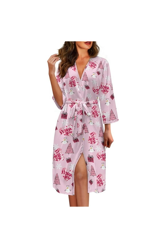 Snowman Bathrobe Women Pink Kimono Robes Xmas Tree Long Spa Bath Robe Christmas V-Neck Dressing Gown Ladies Sleepwear Pajamas Size 2XL Mid-Calf Length Nightgowns