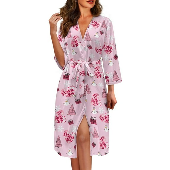 Yuyamidu Snowman Bathrobe Women Pink Kimono Robes Xmas Tree Long Spa Bath Robe Christmas V-Neck Dressing Gown Ladies Sleepwear Pajamas Size S Mid-Calf Length Nightgowns