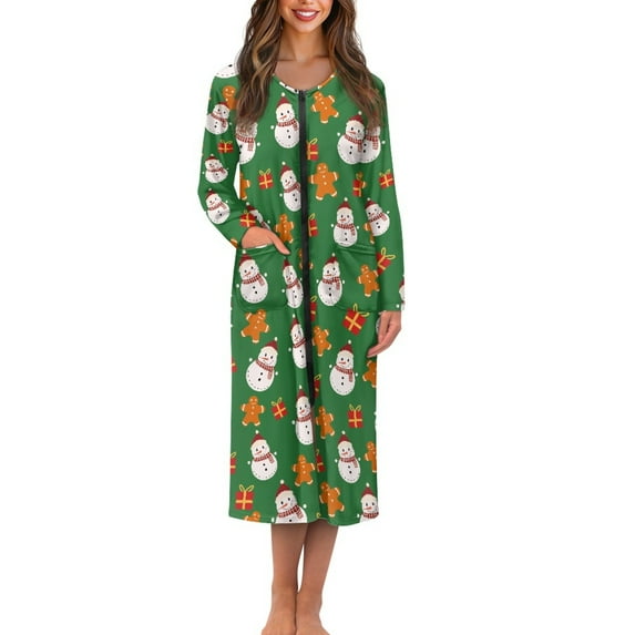 Yuyamidu Snowman Bathrobes for Women Zipper Front Sleepwear Gingerbread Man Crewneck Robe Long Dressing Gown Size M Christmas Mid-Calf Length Robes with Pockets, Green