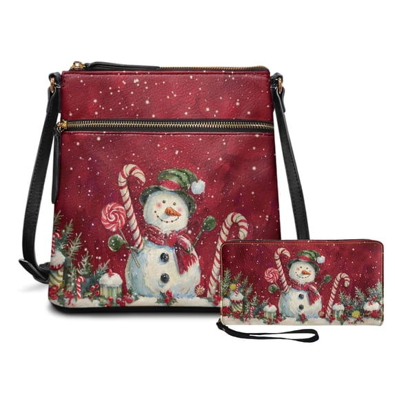 Yuyamidu Snowman Bow Women Crossbody Bag 2‑Piece Set with Wallet Christmas Themed Pattern, Multi Zipper Pockets, Adjustable Strap, Water‑Resistant PU Leather Ideal for Holiday Outings, Gifts