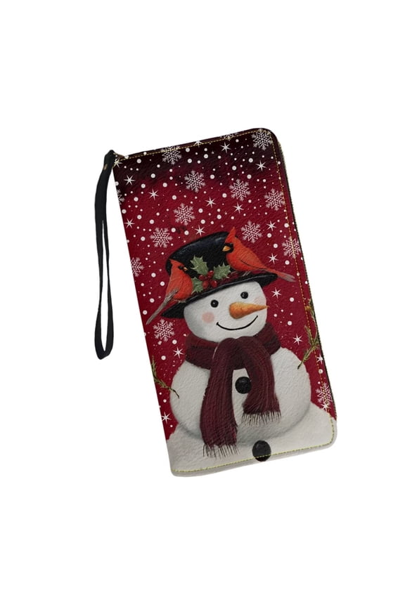 Snowman Cardinal PU Leather Long Wallets for Women RFID Blocking Zipper Cell Phone Credit Card Holder Wristlet Christmas Clutch Purse