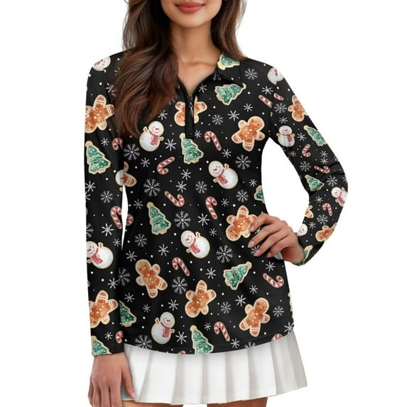 Yuyamidu Snowman Golf Shirt for Women Size 2XL Gingerbread Man Top Long Sleeve Tennis Shirt Christmas Quarter Zip Activewear for Outdoor Sports