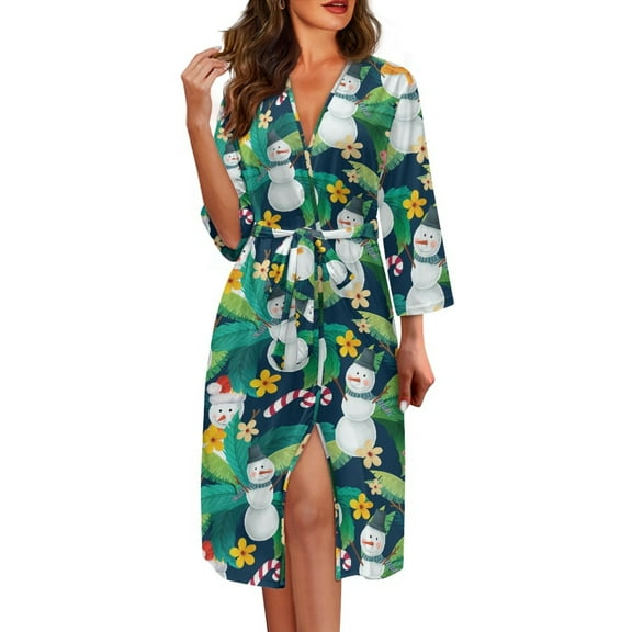 Yuyamidu Snowman Long Sleeve Bathrobe for Women Ladies Kimono Robe Christmas Sleepwear for Pregnancy Casual Long Spa Robe Size M Soft Mid-Calf Length Nightgown