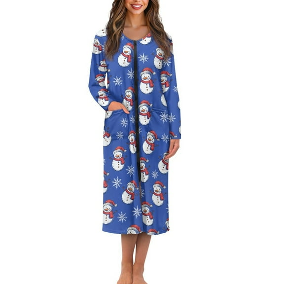 Yuyamidu Snowman Long Sleeve Bathrobe for Women Size XL Snowflake Zipper Front Robe Blue Dressing Gown Christmas Bath Spa Robes Ladies Mid-Calf Length Bath Gown