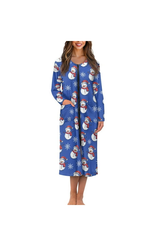 Snowman Long Sleeve Bathrobe for Women Size XL Snowflake Zipper Front Robe Blue Dressing Gown Christmas Bath Spa Robes Ladies Mid-Calf Length Bath Gown
