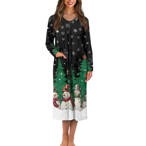 Yuyamidu Snowman Long Sleeve Bathrobe for Women Size XL Xmas Tree Zipper Front Robe Christmas Bath Spa Robes Female Mid-Calf Length Bath Gown Soft Dressing Gown
